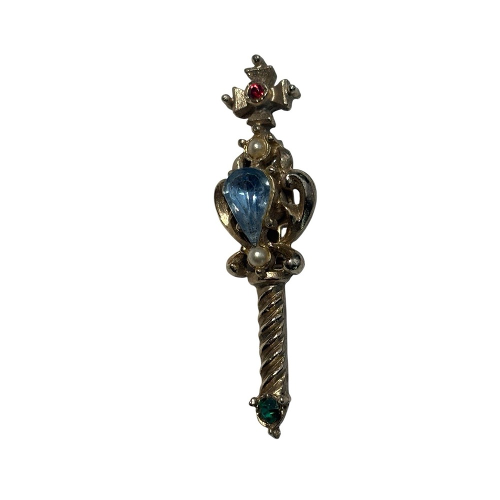 Vintage‎ Gold Tone Elegant Rhinestone Faux Pearl Coronation Scepter Brooch Pin